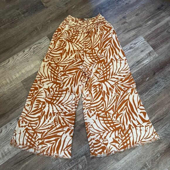 Patrons Of Peace Mustard & White Tropical Print Wide Leg Cropped Pants Sz Small - Picture 1 of 13